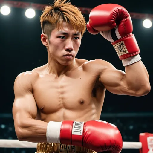 Prompt: Imagine a Japanese boxer resembling Naoya Inoue with golden and brownish hair, with an incredibly muscular physique. He's wearing huge red boxing gloves in a boxing ring.