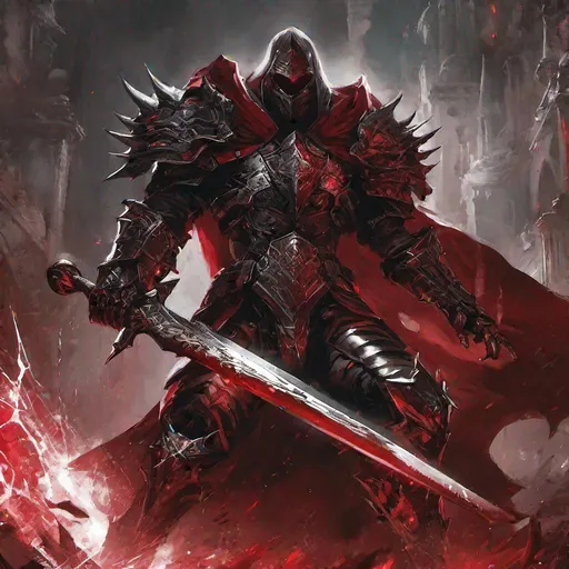 Prompt: crusader clad in dark and red spiked-steel-armor with dark and sinister aura surrounding him and his 2 handed greatsword
