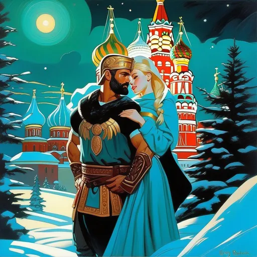 Prompt: King Leonidas impregnating Russian girl, pale skin, freckles, blonde hair, teal eyes, Moscow at night, snow, blue atmosphere, cartoony style, extremely detailed painting by Greg Rutkowski and by Henry Justice Ford and by Steve Henderson 


