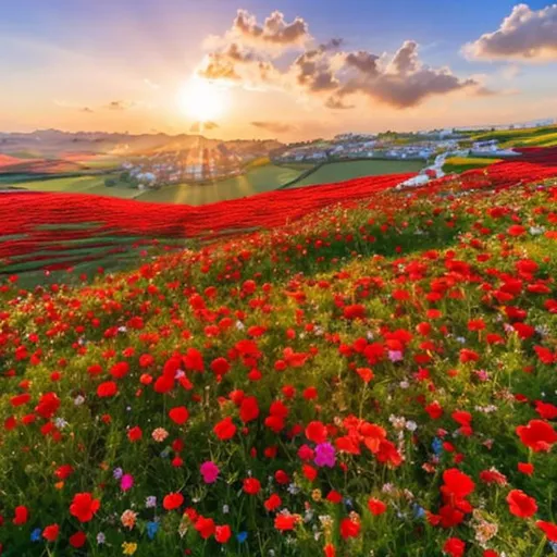 Prompt: In a picturesque landscape, vibrant red flowers bloom abundantly, spreading a carpet of love across the ground. Their radiant petals sway gently in the breeze, adding a touch of passion to the scenery. The sky above is a vast canvas of blue, stretching as far as the eye can see. Wispy clouds gracefully dance across this celestial expanse, their fluffy forms resembling cotton candy.

As the sun bathes the landscape in its warm embrace, the realistic colours come alive with vivid realism. The green foliage, lush and vibrant, serves as a verdant backdrop to the striking red flowers. The petals, like tiny hearts, create a mosaic of love and beauty.

Nature's artistry is on full display, showcasing the beauty that lies within the realm of possibility. The landscape, painted in realistic hues, evokes a sense of joy, love, and tranquility, leaving a lasting impression on those fortunate enough to witness it.
