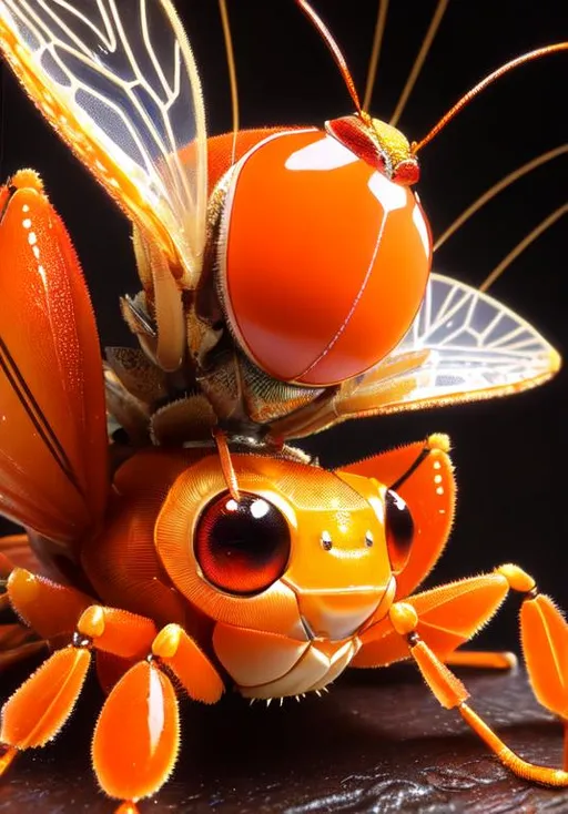 Prompt: UHD, , 8k,  oil painting, Anime,  Very detailed, zoomed out view of character, HD, High Quality, Anime, Pokemon, Paras is a small cartoonish cute orange insectoid crab-like cicada Pokémon with large animated eyes and cartoonish mushrooms growing on its head  Its ovoid body is segmented, and it has three pairs of legs. The foremost pair of legs is the largest and has sharp claws at the tips. There are five specks on its forehead and three teeth on either side of its mouth. It has circular eyes with large pseudo pupils.

Red-and-yellow mushrooms known as tochukaso grow on this Pokémon's back. The mushrooms can be removed at any time and grow from spores that are doused on this Pokémon's back at birth by the mushroom on its mother's back. Tochukaso are parasitic in nature, drawing their nutrients from the host Paras's body in order to grow and exerting some command over the Pokémon's actions. For example, Paras drains nutrients from tree roots due to commands from the mushrooms. Paras can often be found in caves. However, it can also thrive in damp forests.

Pokémon by Frank Frazetta