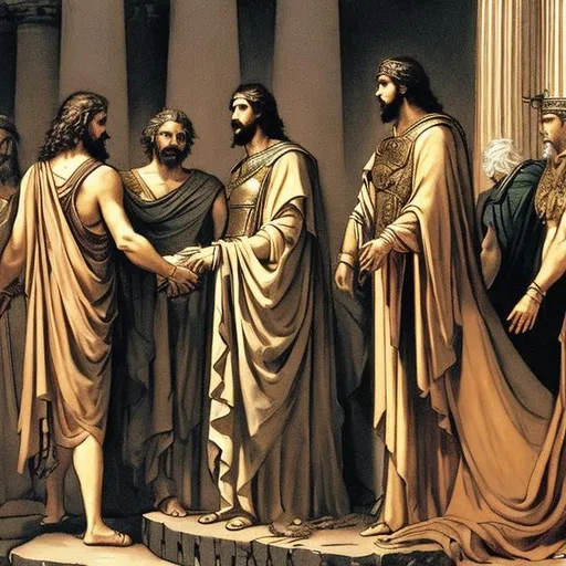 Prompt: Priam, the King of Troy, and Hector, accept the surrender of Agamemnon and Menelaus