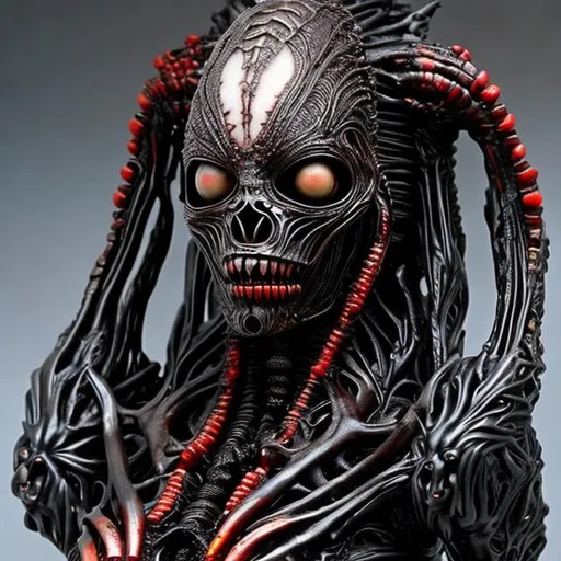 Prompt: Woman alien giger made of red glowing obsidian turquoise shell bone coral jet ultra detailed realistic 