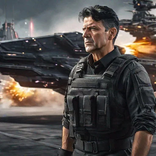 Prompt: A middle-aged europen man black dressed army, angry, black hair, background fleet starships, , Hyperrealistic, sharp focus, Professional, UHD, HDR, 8K, Render, electronic, nervous vibe, loud, tension, dark, Epic