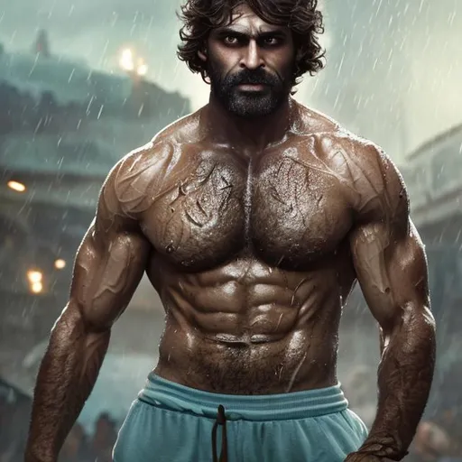 Prompt: a full scene of very sweaty hypermasculine irani army man with brown hair and with rugged handsome face wearing light blue sweatpants. very hansome thick wet chest and armpits, arena, perfect composition, hyperrealistic, super detailed, 8k, high quality, trending art, trending on artstation, sharp focus, studio photo, intricate details, highly detailed