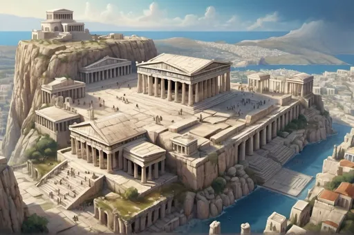 Prompt: Fantasy Illustration of Greek akropolis, temple and court, living and busy, entire structure, bird view, immersive world-building, high quality, detailed, epic scale, fantasy, greek town and landscape background 