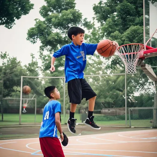 Prompt: A boy trying to basket the basket ball
