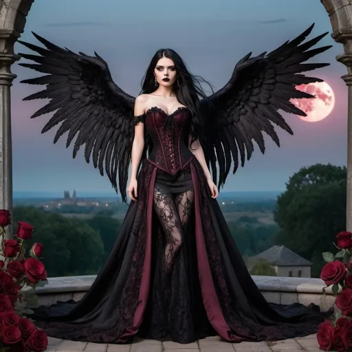 Prompt: A tall dark angel woman, with long black hair, brown eyes, black long wings, dressed with a black & bordeaux laces corset. She is adorned in an elegant black long gown with intricate lace details and stunning bordeaux roses. The background is a landscape with a goth castle, with big wolves, fullmoon, and black skulls on the ground. Full body photo.