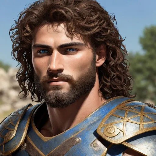 Prompt: photorealistic medium shot photo of a ruggedly handsome young Greek warrior wearing a cuirass over a blue tunic, short wavy hair, short beard, very detailed eyes, centered in frame, 85mm lens, f8, photography, intricate details, very detailed eyes, correct perspective, natural light