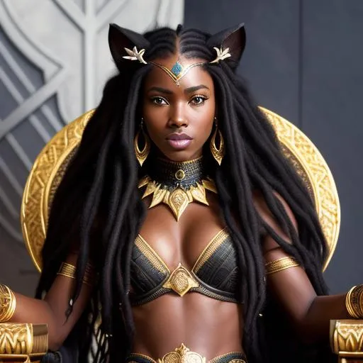 Prompt: Insanely detailed Closeup of a gorgeous black panther human female in a throne room, african features, long flowing dreadlocs, beautiful eyes, wolf fangs, Rococo, hyperdetailed, delicate; Royo, Bagshaw, Chevrier, Lou Xaz, Ferri, Kaluta, Minguez, Mucha, Simon Dewey, WLOP, Greg Olsen, Artgerm, cinematic, 8k