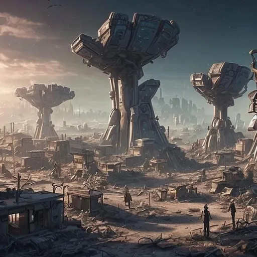 Prompt: Post apocalyptic town with futuristic tech on a surrounded by dead trees and a futuristic city in the background 
