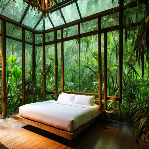 Prompt: glass room in jungle with bed, photograph