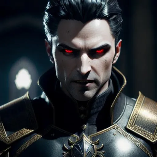 Prompt: UHD, 8k, high quality, ultra quality, cinematic lighting, special effects, Very detailed, high detailed face, high detailed eyes, medieval, Detailed fangs, Male Vampire, intricately Detailed, armor, evil, Frenzy, Vampire the Masquerade, World of Darkness, Midnight Lighting, Detailed Living Shadows