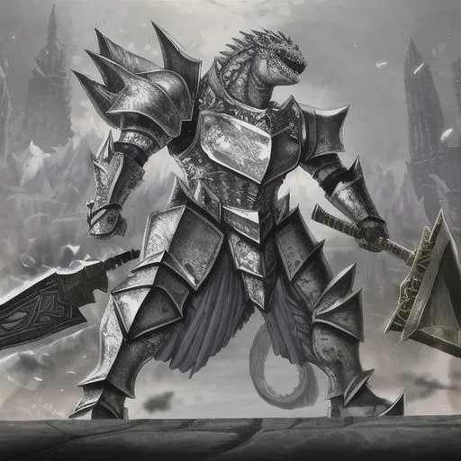 Prompt: silver skinned godzilla with plate armour covered in golden runes holding a giant hammer and tail, draconic features