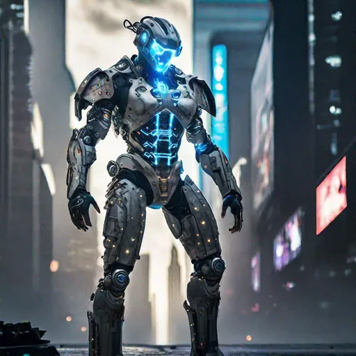 Prompt: A full-body view of a man cyborg warrior. His body is armored with an exoskeleton, robotic limbs exposed by the scarred openings. Glowing optics analyze data as she surveys the stark, dystopian cityscape. The sky behind him is dense with smog and holographic advertisements. Photographed with wide dynamic range for detail in shadows/highlights. The mood is post-apocalyptic, hyper-urbanized.