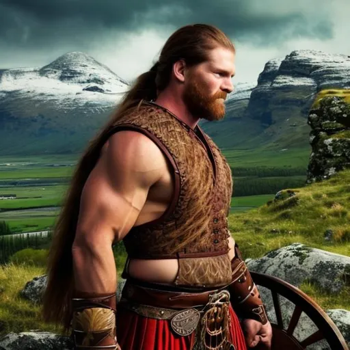 Prompt: strong man, red long hair in ponytail, celtic clothing looking at mountain