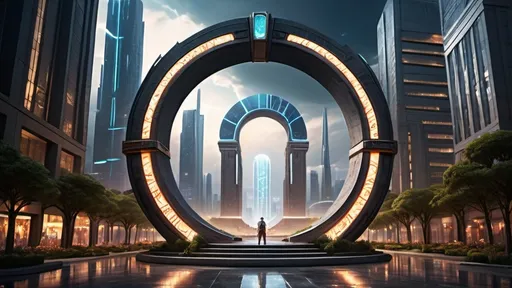 Prompt: magical portal between cities realms worlds kingdoms, circular portal, ring standing on edge, upright ring, freestanding ring, hieroglyphs on ring, complete ring, obelisks, gardens, hotels, office buildings, shopping malls, large wide-open city plaza, panoramic view, night sky, futuristic cyberpunk dystopian setting