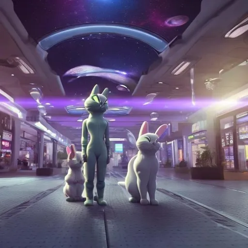 Prompt: cat security guards in a busy alien mall, widescreen, infinity vanishing point, galaxy background, surprise easter egg