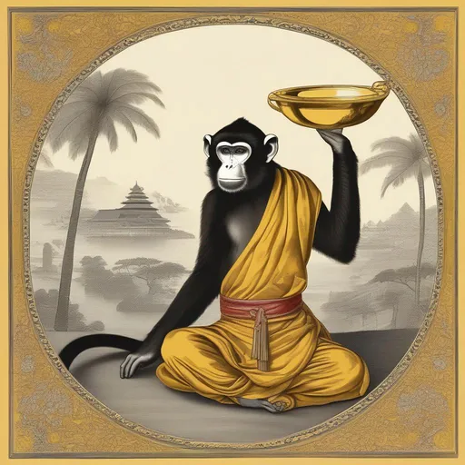 Prompt: A Monkey Servant holding a golden plate over his head. long tail, 