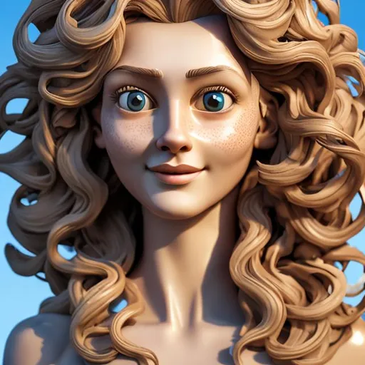 Prompt: Fair skin lady detailed face features, 8K, glossy skin, fair skin, curly hair, smiling, animated 