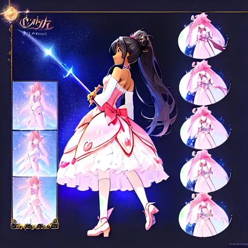 Prompt: A character sheet of an anime magical girl with  hair and dark skin, long hair, covered in stars. indigo accents on outfit. holding a wand, Concept Art. puffy skirt. ballet inspired. Madoka magica inspired. reference sheet,   different poses, concept sheet, side profile, back proflie, beautiful face, ponytail, highly detailed, clear face and body