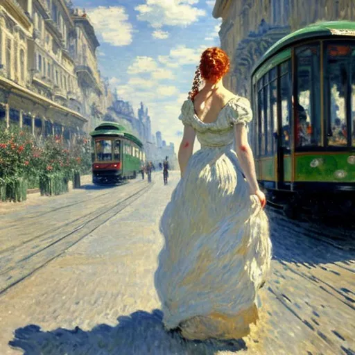 Prompt: Monet style painting of a redheaded woman seen from behind, with long braided hair, wearing a modern a-line dress with bare shoulders, seen from behind, looking at futuristic tramway as it passes through a beautiful European city square.