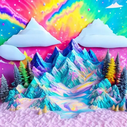 Prompt: Lisa frank style snowy mountain diorama 