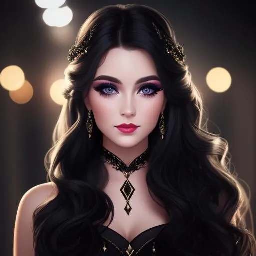 Prompt: Lady with  full, long black,wavy hair, pretty and stylish makeup, cinematic light,  fantasy
