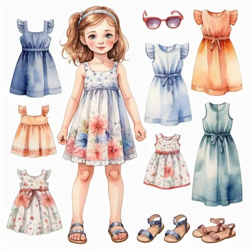 Prompt: young girl, children's clothing,  summer dress, sandals, a lot of details, high quality, fool body, standing straight, arms to the sides, paper doll, watercolor, several options, fashion design, 