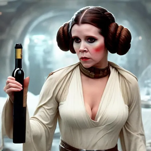 Prompt: Princess leia disguised as Bounty Hunter Boush covered in cocaine holding a wine bottle
