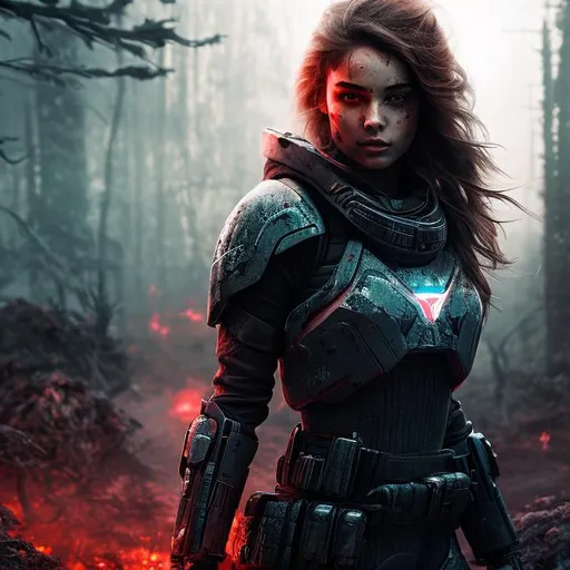 Prompt: create full body photograph of beautiful future fictional elite space soldier female whose eyes are red and who is battle-scarred and covered in blood, showing full body, extremely detailed environment, detailed background, intricate, detailed skin, natural colors , professionally color graded, photorealism, 8k, moody lighting