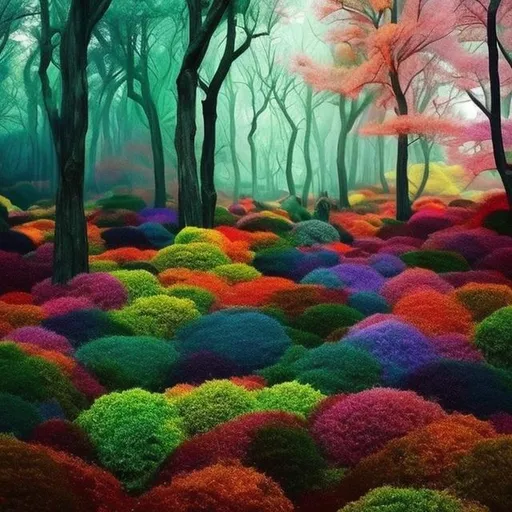 Prompt: A living dreaming forest where all the colors are opposite what an actual forest has