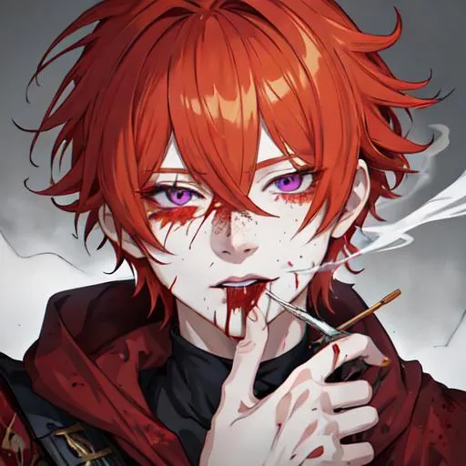 Prompt: Erikku male adult (short ginger hair, freckles, right eye blue left eye purple)  UHD, 8K, insane detail anime style, covered in blood, psychotic, covering his face with his hands, face covered in blood and cuts, blood highly detailed, smoking a cigarette