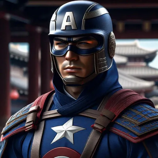 Prompt: Portrait of {Ninja captain America} in  {edo era Japan}, perfect composition, hyperrealistic, super detailed, 8k, high quality, trending art, trending on artstation, sharp focus, studio photo, intricate details, highly detailed,happy face, by greg rutkowski