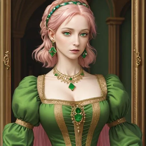 Prompt: Woman with pink hair, green eyes, in Renaissance dress, gold earrings and necklace, emeralds and sapphires 