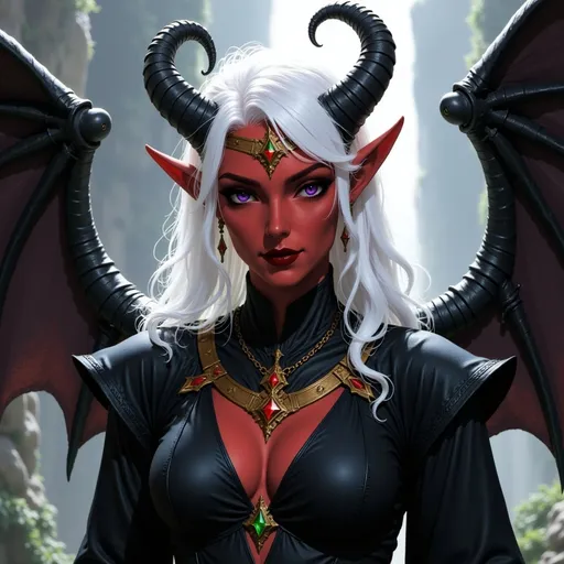 Prompt:  @p2CZMES7VK5y7B1QsEFp white hair, large crown, lots of jewelry, horns curved down, black clothes, big wings waterfall