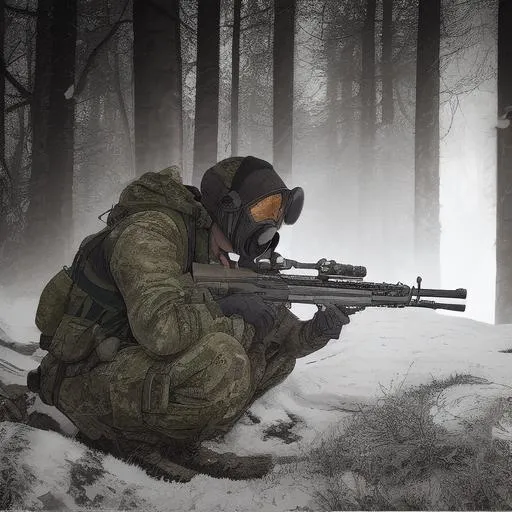 Prompt: Sniper stalking in the woods, trees, nuclear winter, burning objects, guns, camouflage, gas mask