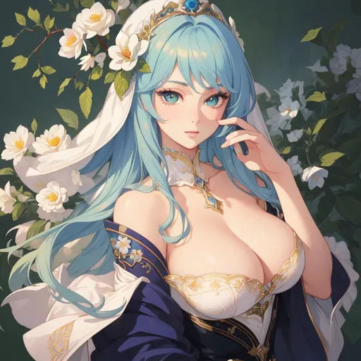 Prompt: Masterpiece, illustration, best quality:1.2), 1girl, solo, blue hair, dignfied, finely detailed, detailed face, toned face, beautiful detailed eyes, beautiful detailed shading, beautifully detailed background, green eyes, flowers everywhere, flower inspired,