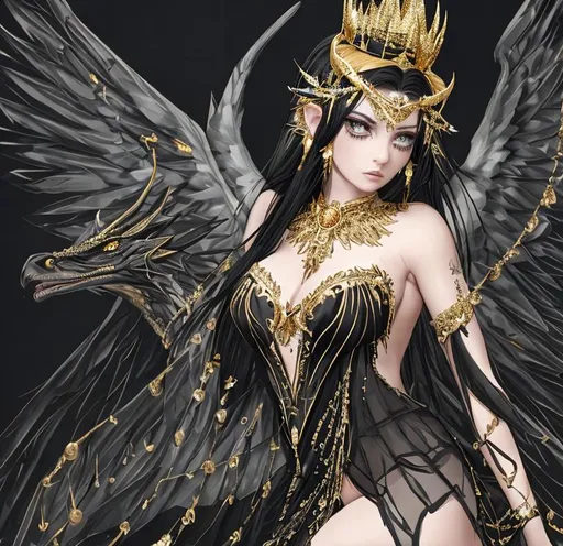 Prompt: A angel with a black wings decorated with lines of golds, wearing a black dress decorated with some diamonds and golds, A crown of gold decorated with some jewels was placed on her head next to her A black dragon in real size decorated with some gold lines with the smallest details and clarity High quality and extremely high detail.