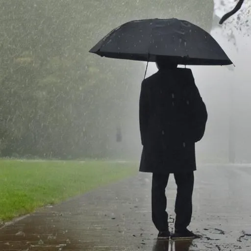 Prompt: a real man back standing in the rain.