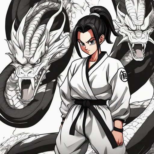 Prompt: Dragon Ball art style, young adult female, wearing black and white GI, shenron background, black baggy pants, black short ponytail, black eyes, training.