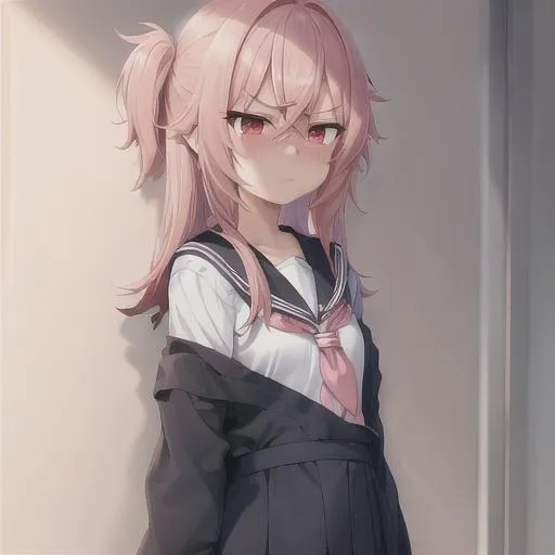 Prompt: a cute, short and flat chest student anime girl with pink hair and red eyes look at you from a certain distance. her face shows a slight blush and a wave of emotions, her furrowed brows showing a expression of sadness, maybe just a bit of anger. she is a tsundere. she wears a sailor uniform or a dress in white, pink and blue colors and has a necklace around her neck in the form of a bow. she wears a cute pair of shoes and stockings.