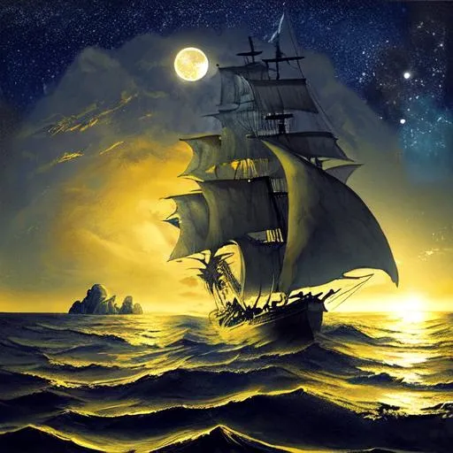 Prompt: An ancient magical ship in midst of ocean during night long range view from front in 3D with moon in sky