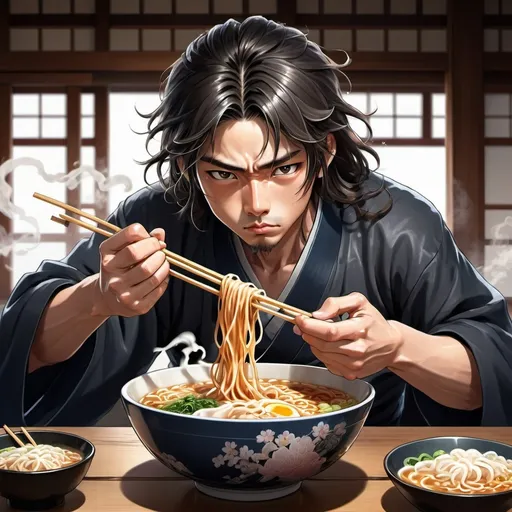 Prompt: Anime-style illustration of a long-haired Asian man eating ramen, clean-shaven, intense and focused gaze, traditional Japanese setting, steam rising from the bowl, detailed hair with cool reflections, high-quality, anime, detailed eyes, traditional, focused lighting, Asian, intense, make him cry