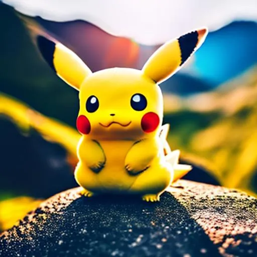 Prompt: Pikachu stand on a rock, near a waterfall, mountain background, reflective water, reflective eyes, yellow fur, anime