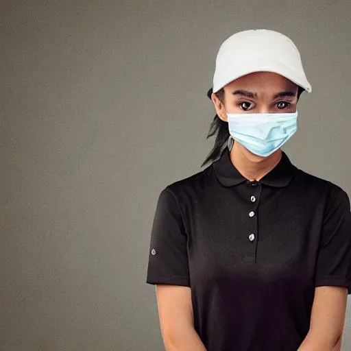 Prompt: Woman wearing black face mask with Black cap and wearing a black polo shirt