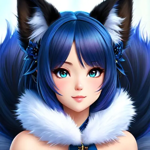 Prompt: 4K, 16K, picture quality, high quality, highly detailed, hyper-realism, full front, Pixar style, plus size, fox girl, anime eyes, blue and black fur, 2 tails, lace kimono