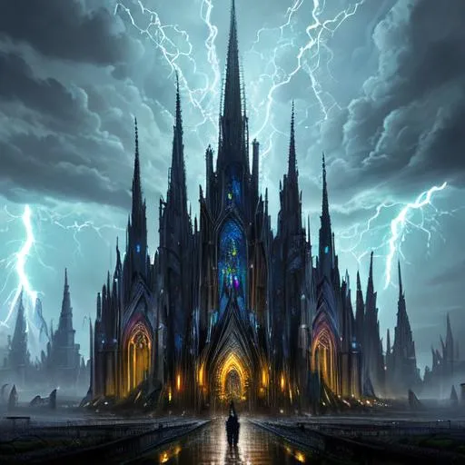 Prompt: fantasy style, long shot, a hyper realistic detailed illustration of an alien cathedral on a stormy night, lightning, perfect composition, super detailed, sharp focus HDR