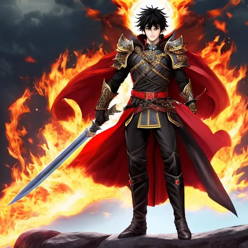 Prompt: Hyper realistic, 4k, full body image of an anime style human male with black hair and red eyes. Toned body with a set of leather armor colored black and red, wielding a black-colored sword enveloped in red flame. Standing on a hill overlooking a medieval city during a full moon