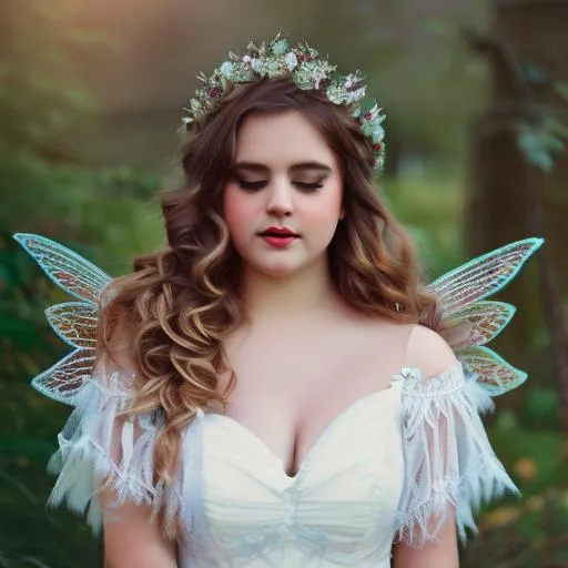 Prompt: portrait of a {fairy}, smooth soft skin, colored hair, beautiful intricate colored hair, Fairy Wings from shoulders, closed eyes, soft lighting, detailed face, concept art, digital painting, looking into the camera, wearing princess dress, bangs, plus sized